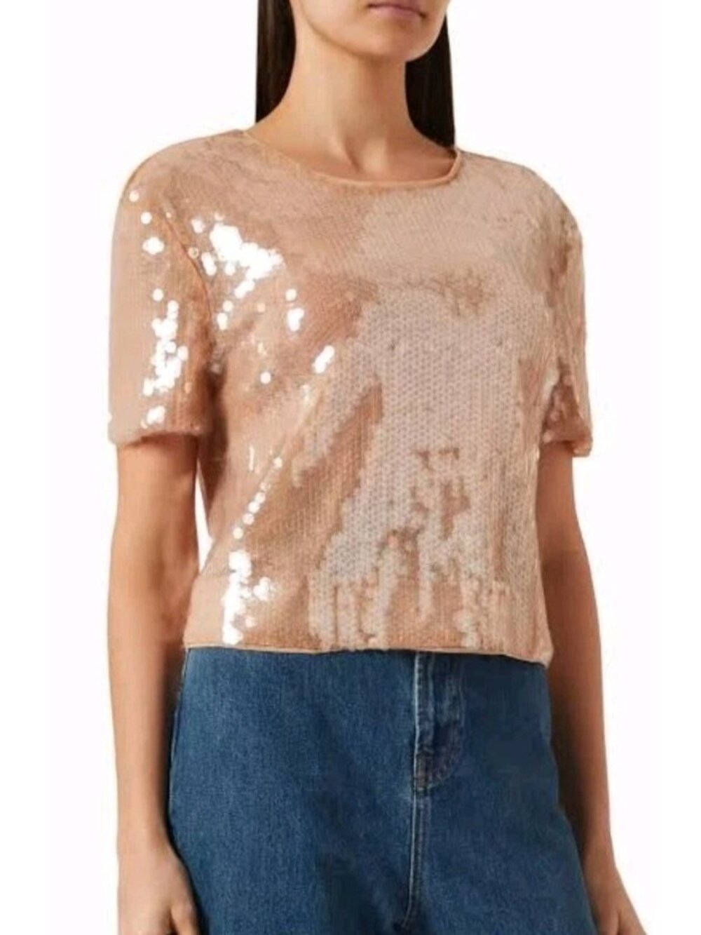 Staud Top Quincy Sequin XS Nude Champagne Short Sleeve Blouse Excellent Conditio